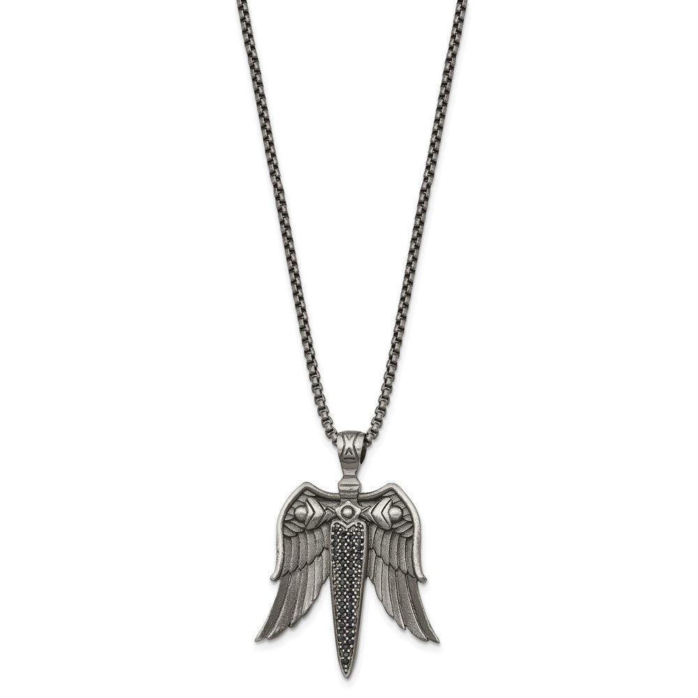 Stainless Steel Antiqued White Bronze-plated CZ Sword Necklace