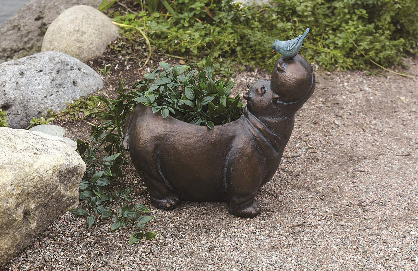 Roman 13" Hippo with Bird Outdoor Garden Planter
