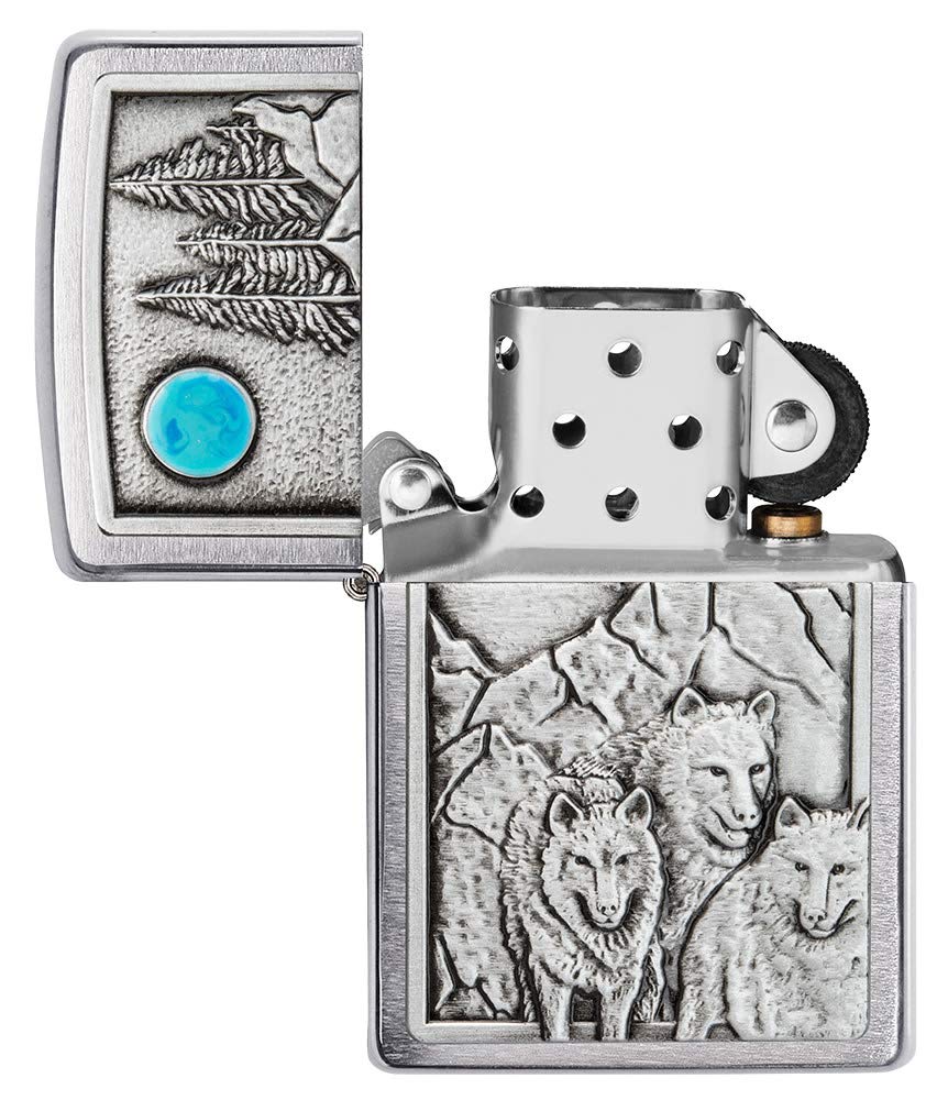 Zippo Wolf Pack and Moon Emblem Brushed Chrome Pocket Lighter