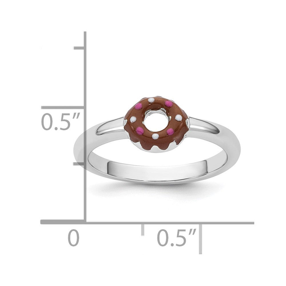 Sterling Silver Rhodium-plated Children's Size 3 Brown with Pink and White Enamel Sprinkled Donut Ring