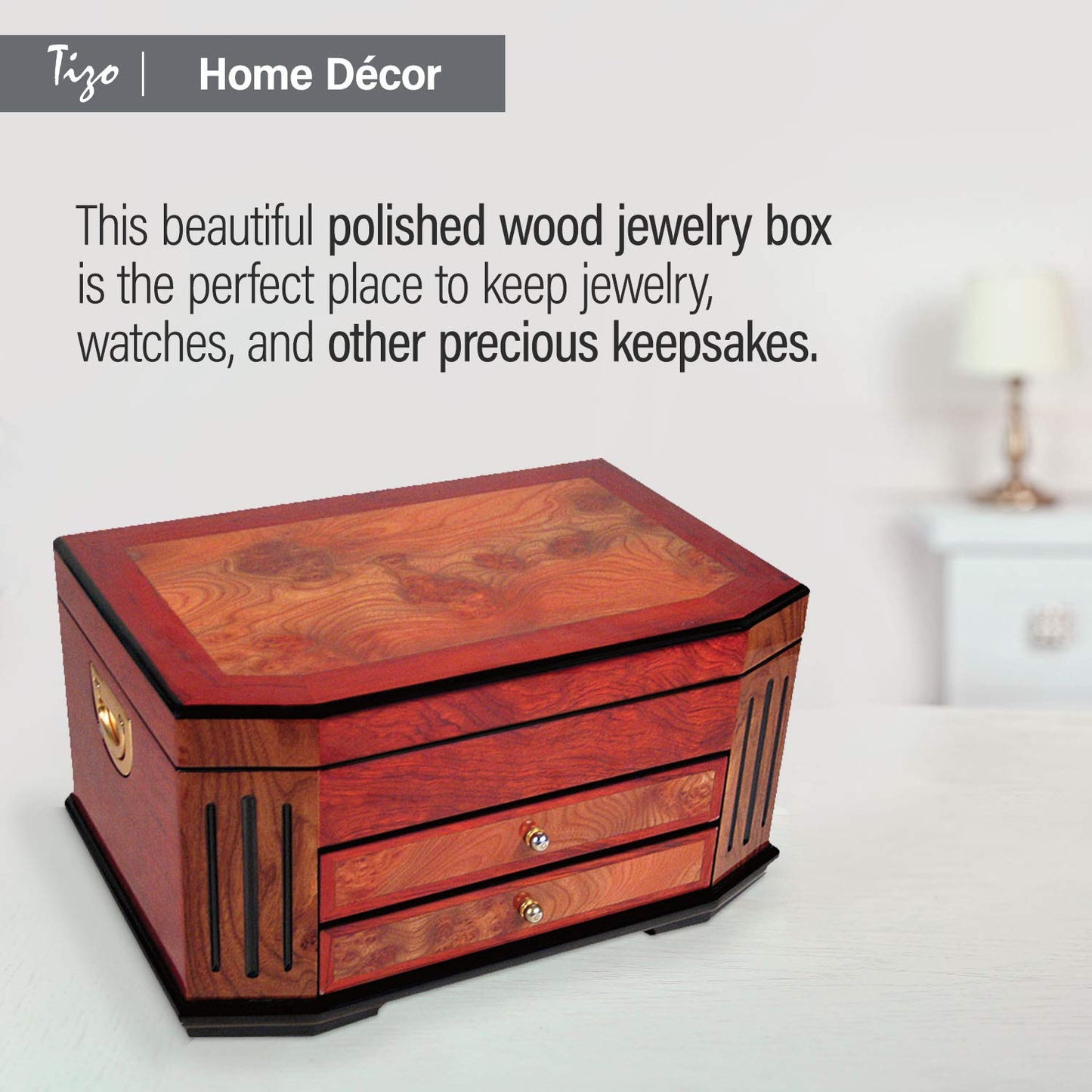 High Gloss Burlwood Finish with Black Accents Two Drawer Wooden Jewelry Box