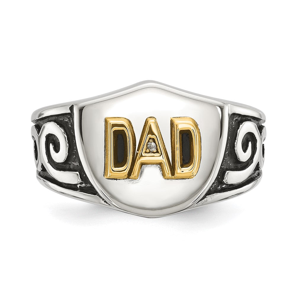 Chisel Stainless Steel Polished with 14K Gold Accent and .01ct Diamond DAD with Black Enamel Shield Ring Size - 10