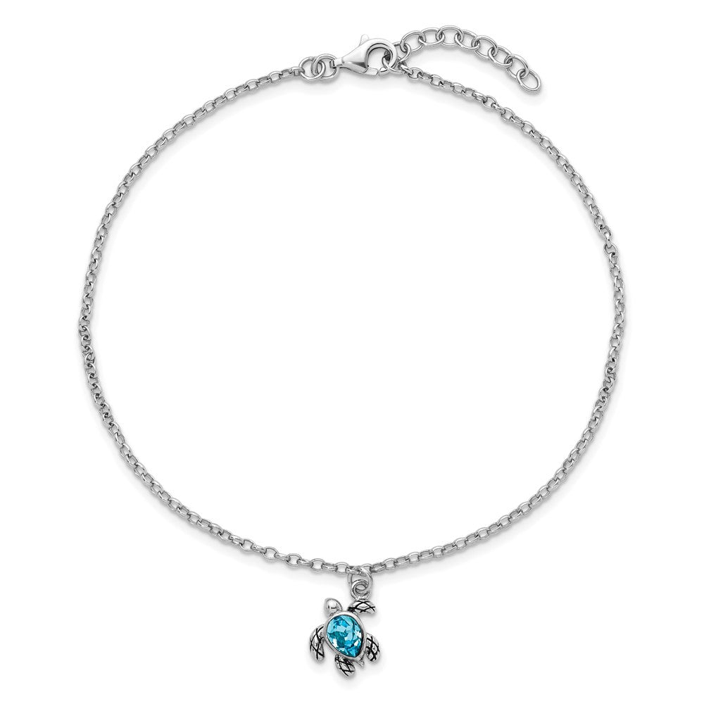 Sterling Silver Rhodium-plated Polished and Antiqued Blue Crystal Turtle 9 inch with an 1 inch Anklet