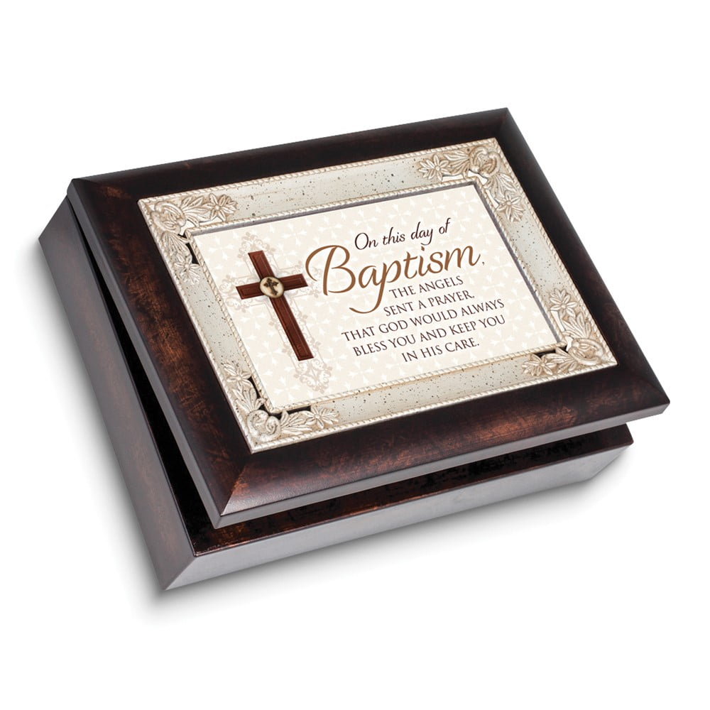 BAPTISM Italian Style Woodgrain Resin Music Box (Plays How Great Thou Art) QGM22900