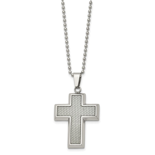 Stainless Steel Polished w/Grey Carbon Fiber Inlay Cross 22in Necklace