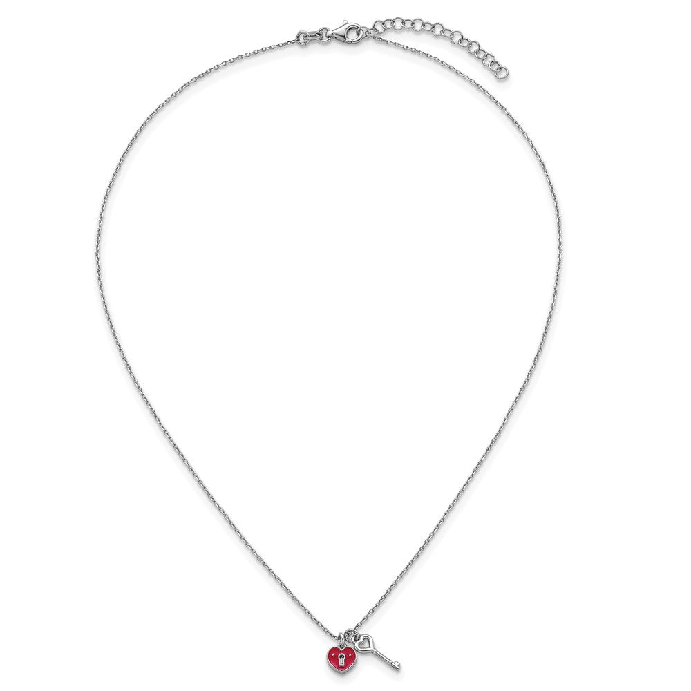 Sterling Silver Rhod-plat Enamel Heart Lock w/Key 16in w/1in ext Necklace 16 Inches