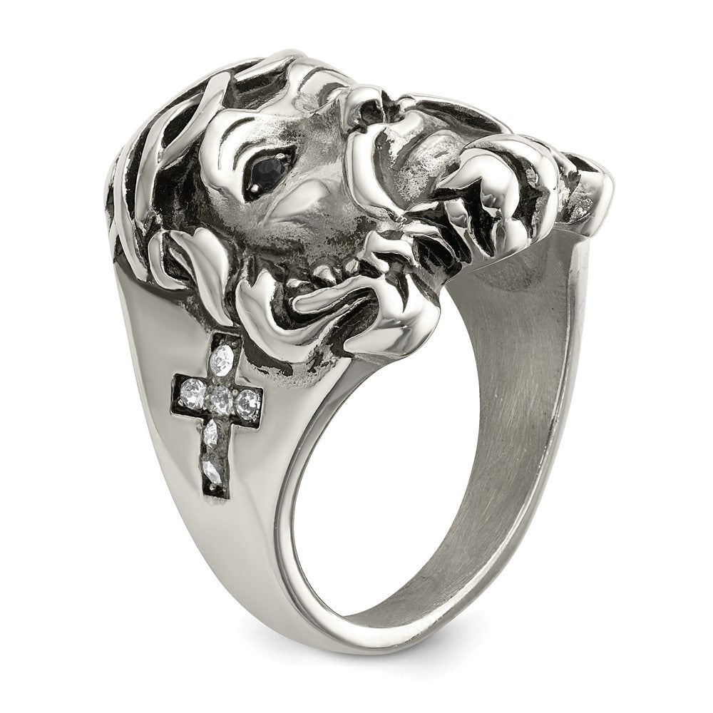 Stainless Steel Antiqued and Polished w/Black & White Crystal Jesus Ring Size - 12