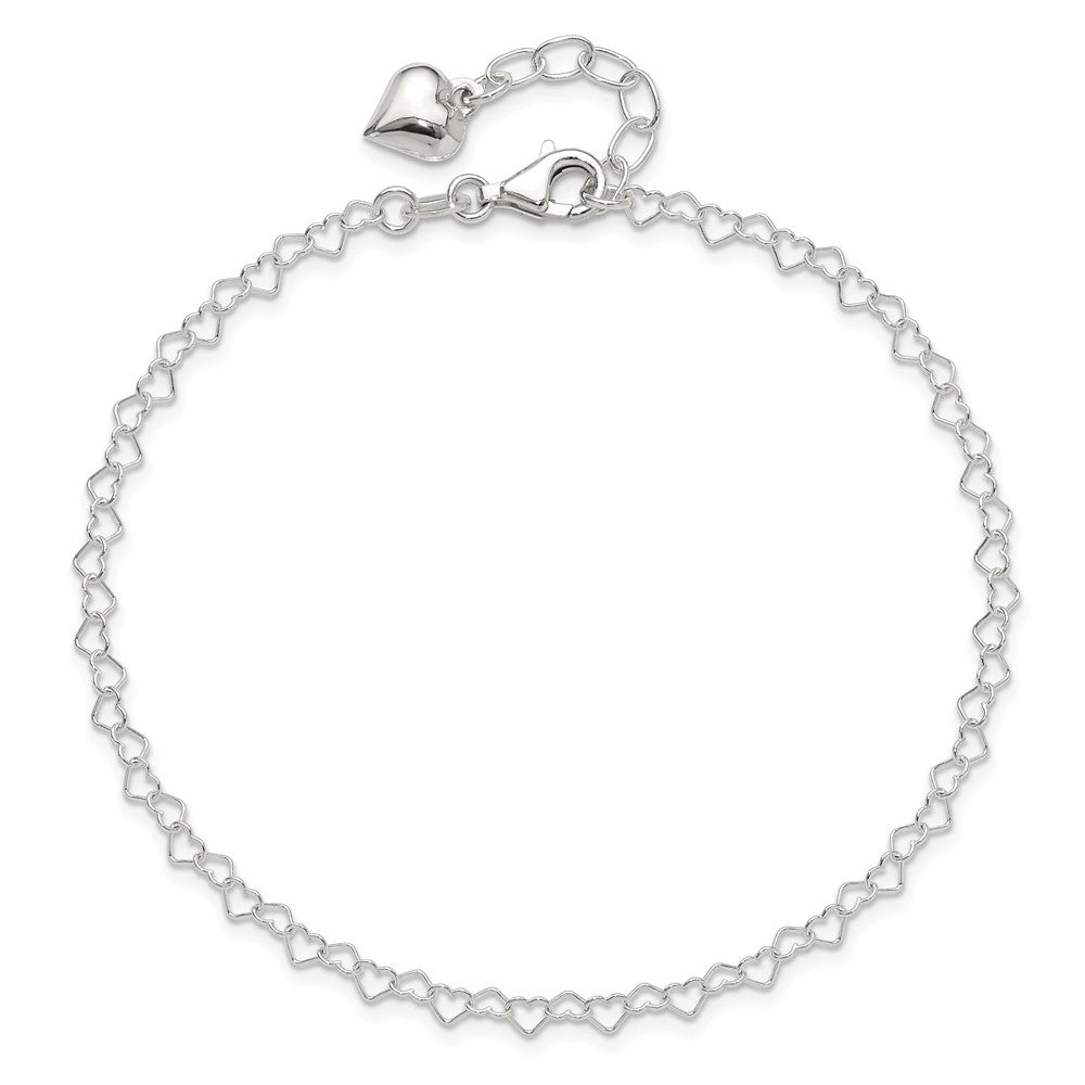 Sterling Silver Polished Puffed Heart 9in Plus 1in ext. Anklet 9 inches