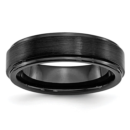 Black Ceramic Ridged Edge 6mm Brushed and Polished Band Size - 13