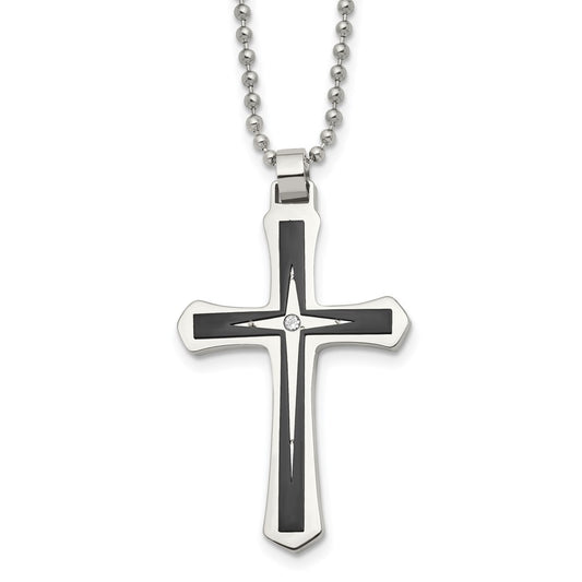 Stainless Steel Brushed and Polished Black IP CZ Cross Necklace