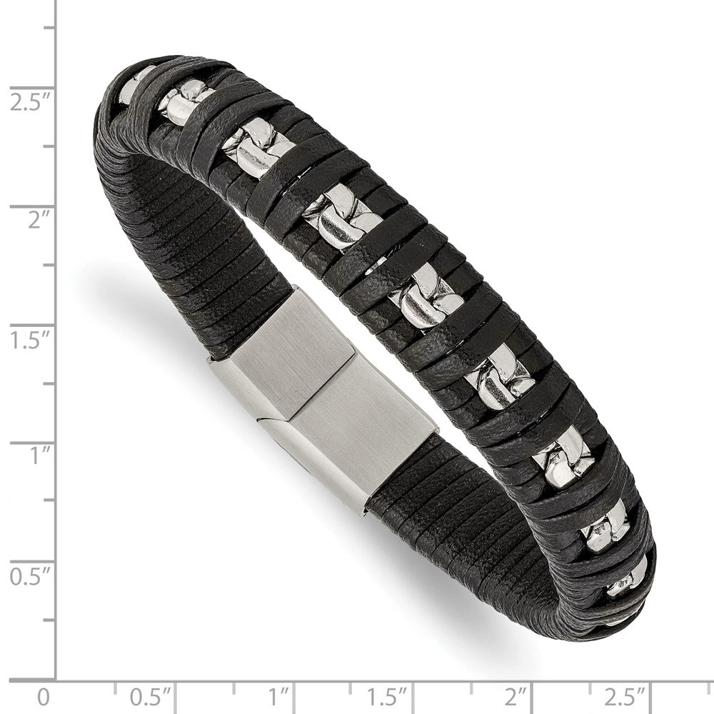 Stainless Steel Polished Black Leather with Chain 8.25in Bracelet 8.25 inches