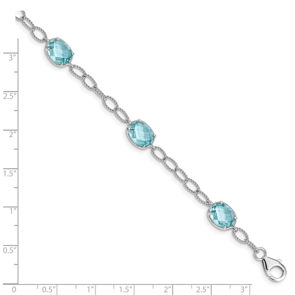 Sterling Silver Rhodium-plated Aqua Blue CZ Textured Link Bracelet 7.5 inches