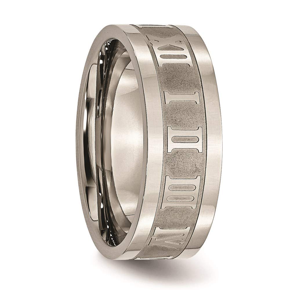 Titanium Satin Center 8mm Roman Numerals Flat Band Size - 7