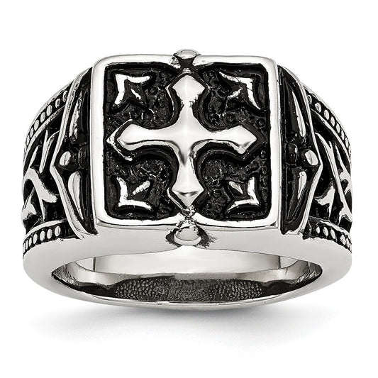 Stainless Steel Antiqued Polished & Textured Cross Ring Size - 10