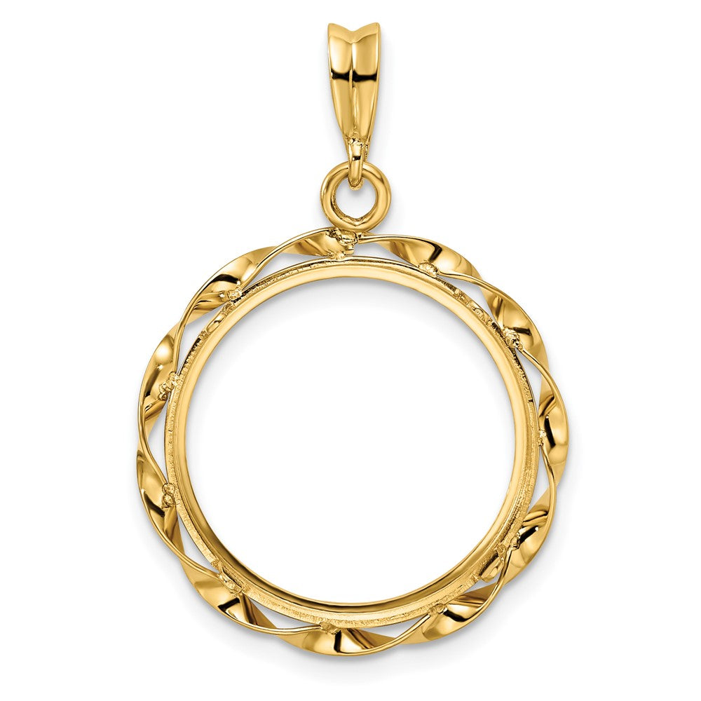 Wideband Distinguished Coin Jewelry 14k Polished Hand Twisted Ribbon 17.8mm Prong Coin Bezel Pendant