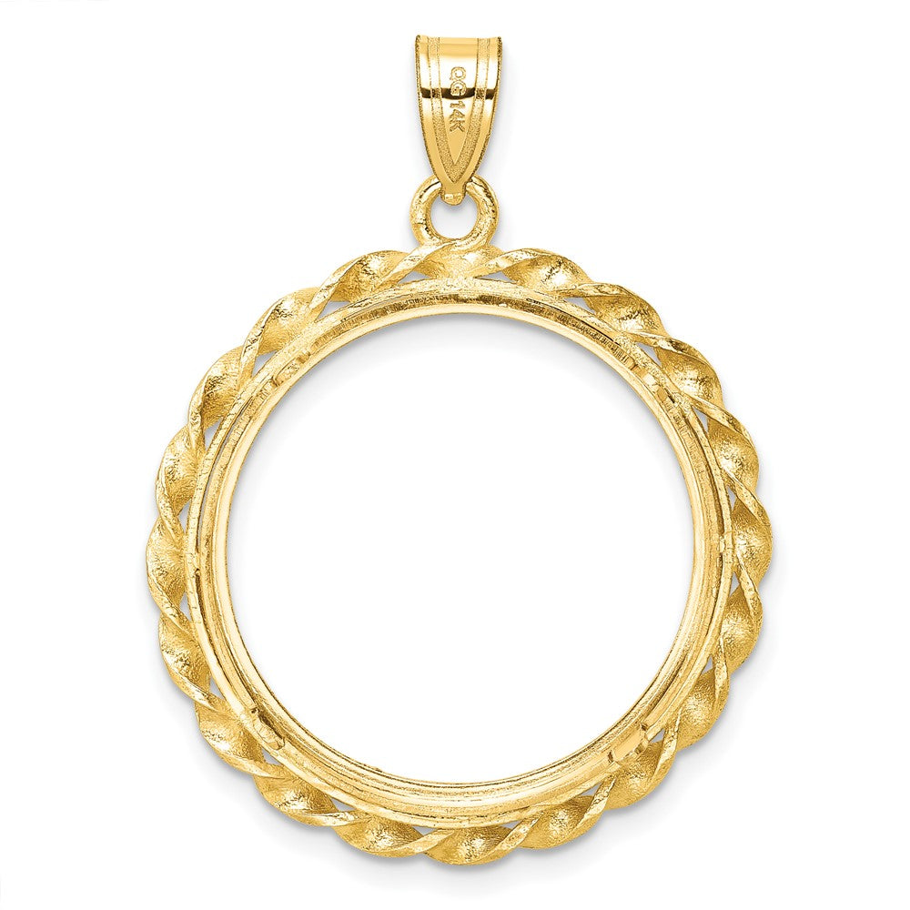 Wideband Distinguished Coin Jewelry 14k Polished Diamond-cut and Wide Twisted Wire 22.0mm Prong Coin Bezel Pendant
