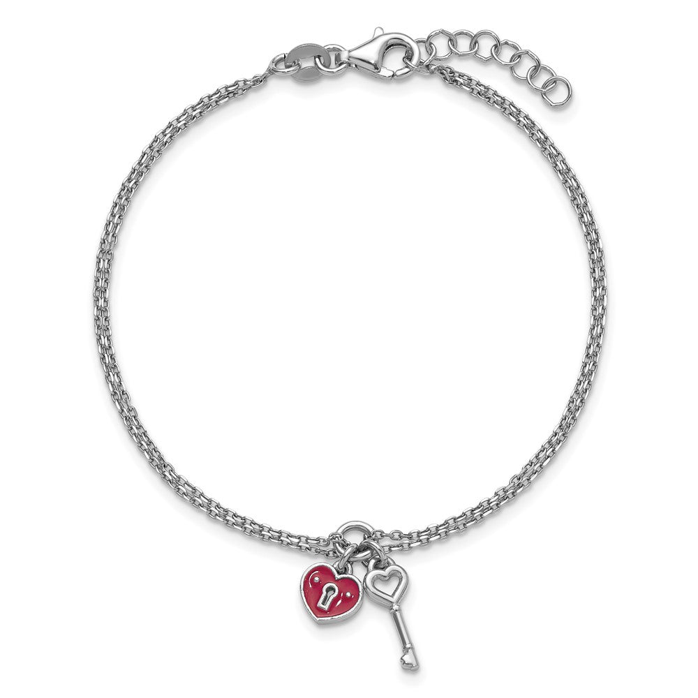 Sterling Silver Rh-plat 2 Strand Enamel Heart Lock Key w/.75in ext Bracelet 7.5 inches