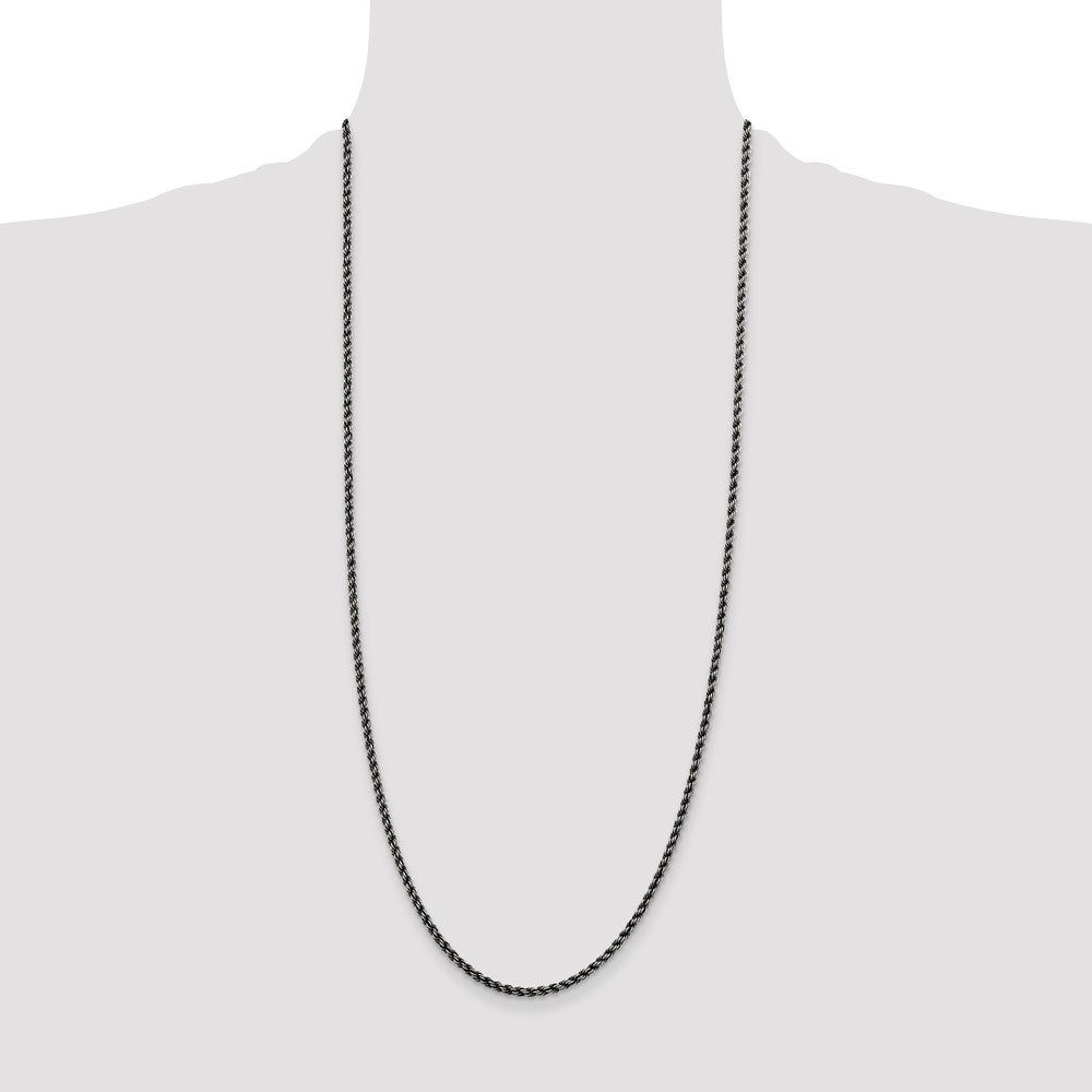Sterling Silver Ruthenium-plated 2.9mm Rope Chain 30 Inches