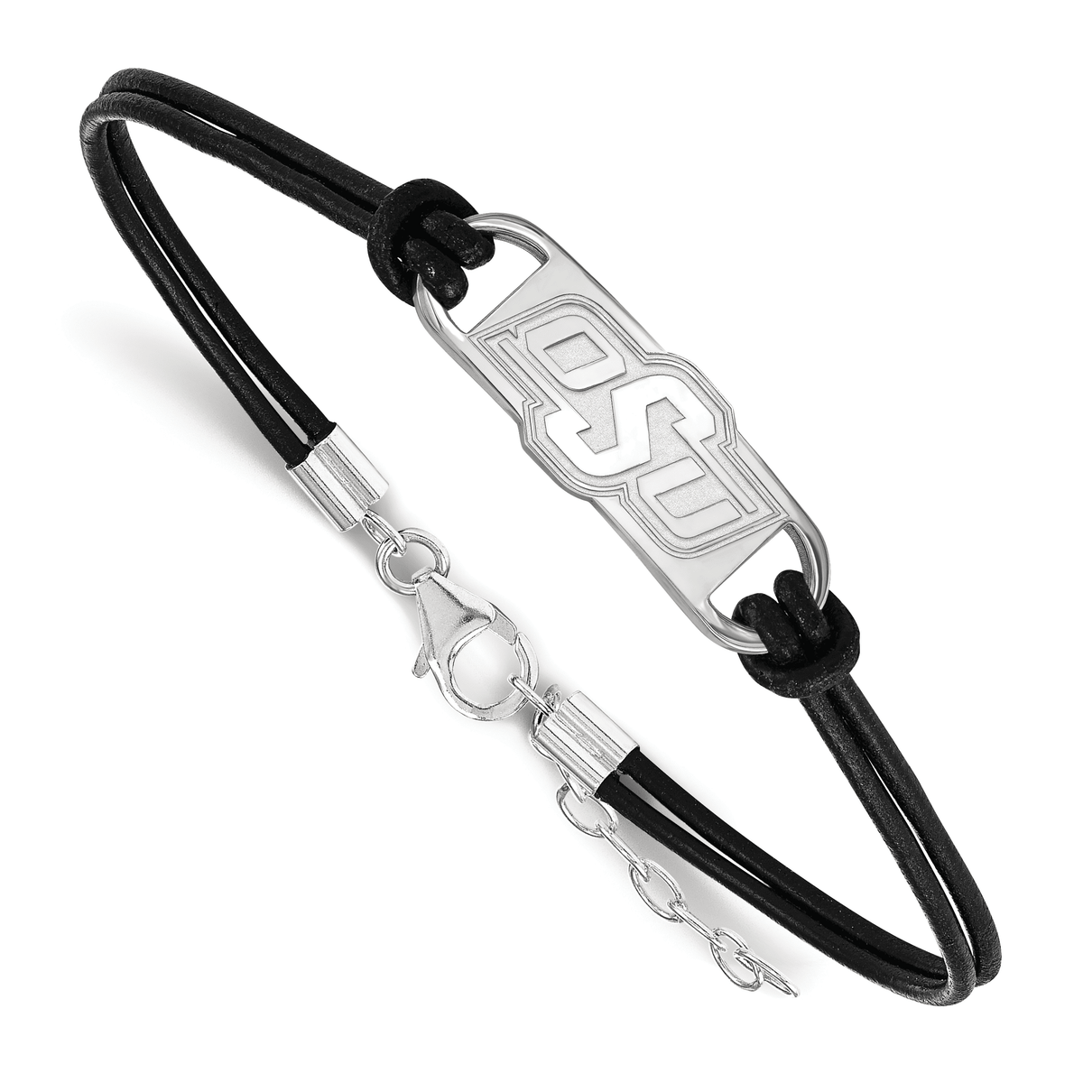 LogoArt Sterling Silver Rhodium-plated Oklahoma State U Small Center Leather Bracelet