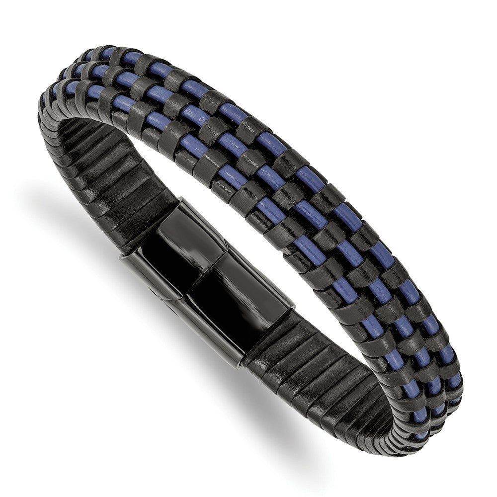 Stainless Steel Polished Black IP Black and Blue Leather 8.25in Bracelet 8.25 inches