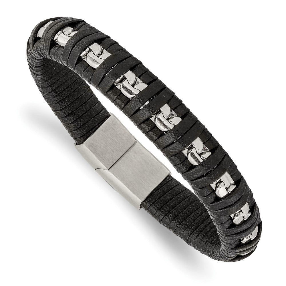 Stainless Steel Polished Black Leather with Chain 8.25in Bracelet 8.25 inches