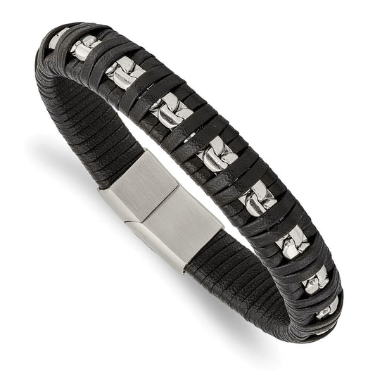 Stainless Steel Polished Black Leather with Chain 8.25in Bracelet 8.25 inches