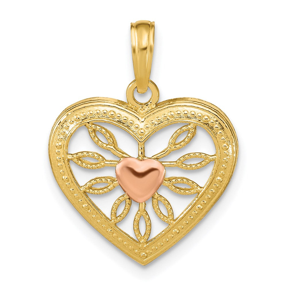 14K Two-tone Heart with Pink Center Charm