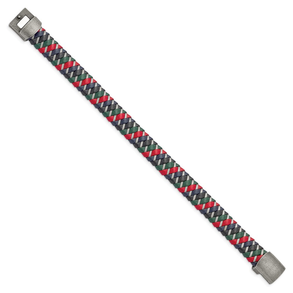 Stainless Steel Antiqued & Polished Multi-Color Leather w/Wire Bracelet