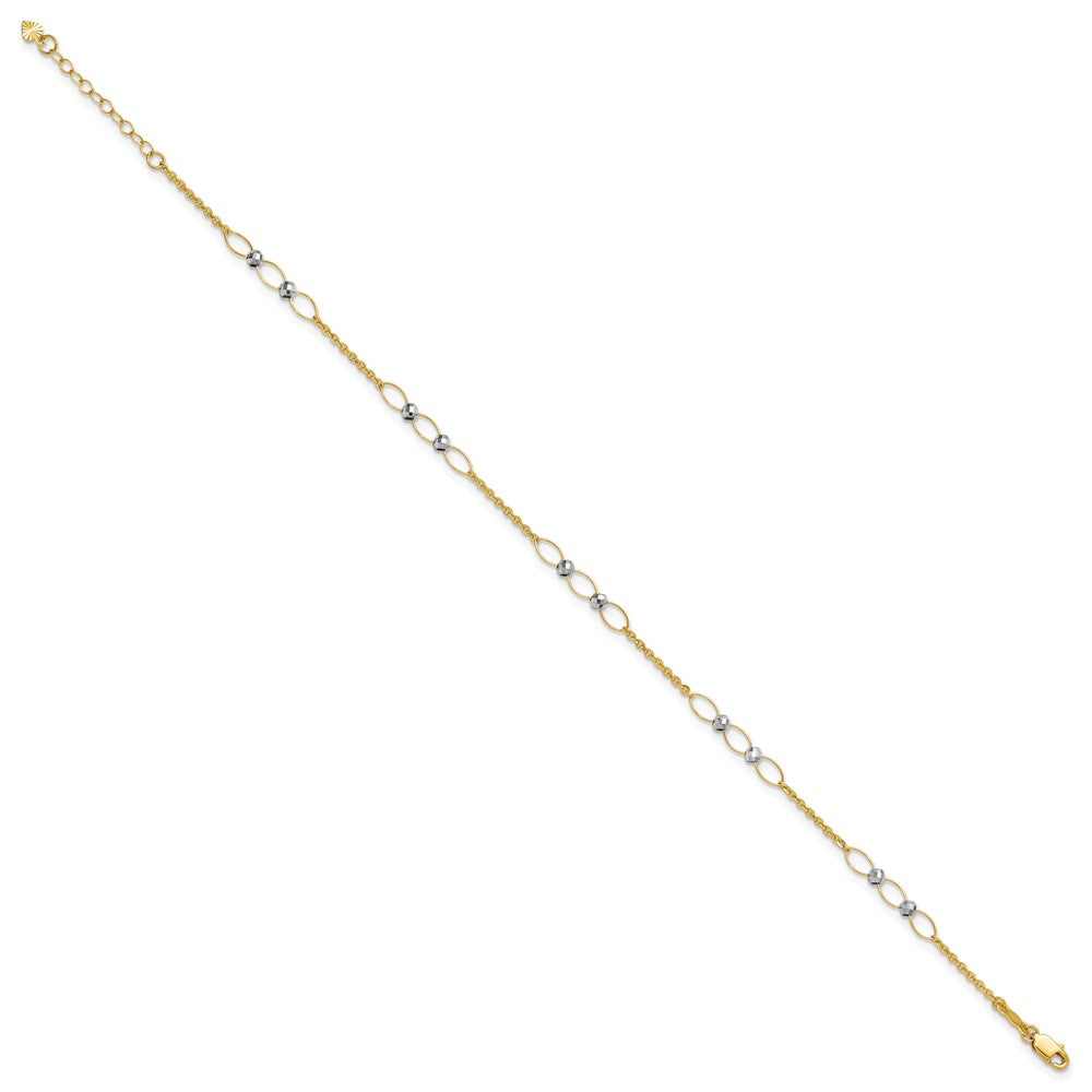 14k Two-tone Polished Oval Links and Faceted Beads 9 inch Plus 1 inch Extension Anklet