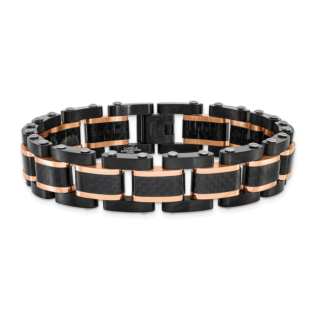Stainless Steel Brushed Polished Black/Rose IP Carbon Fiber 8.5in Bracelet 8.5 inches