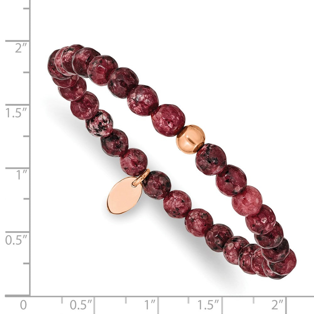 Stainless Steel Polished Rose IP-plated Red Jade Stretch Bracelet 6 inches