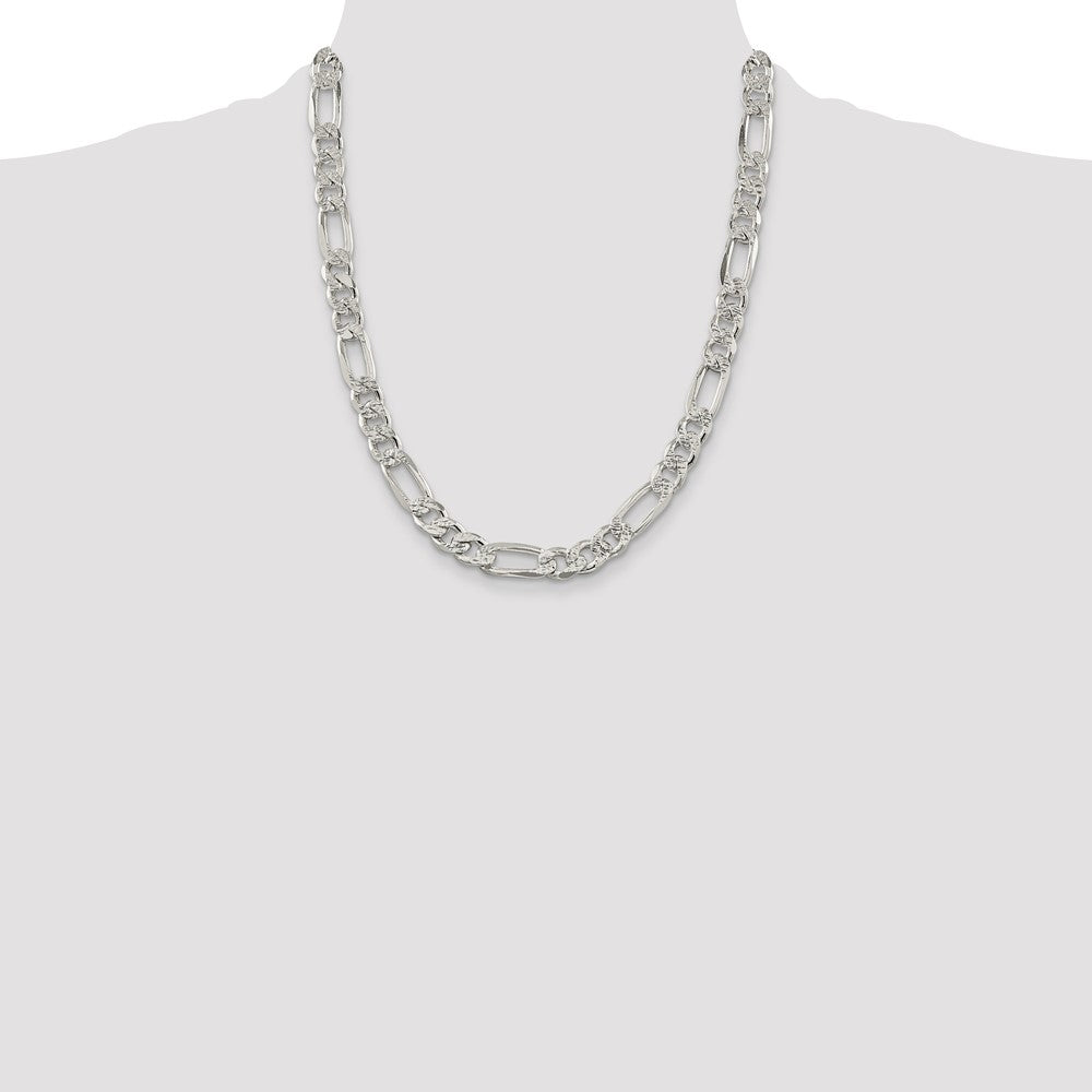 Sterling Silver 9.5mm Pav‚ Flat Figaro Chain 22 Inches