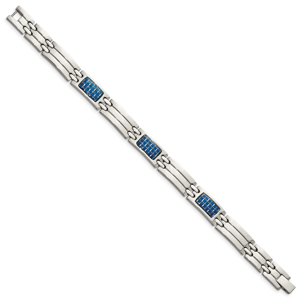 Stainless Steel Polished w/Blue Carbon Fiber Inlay 8.5in Bracelet 8.5 inches
