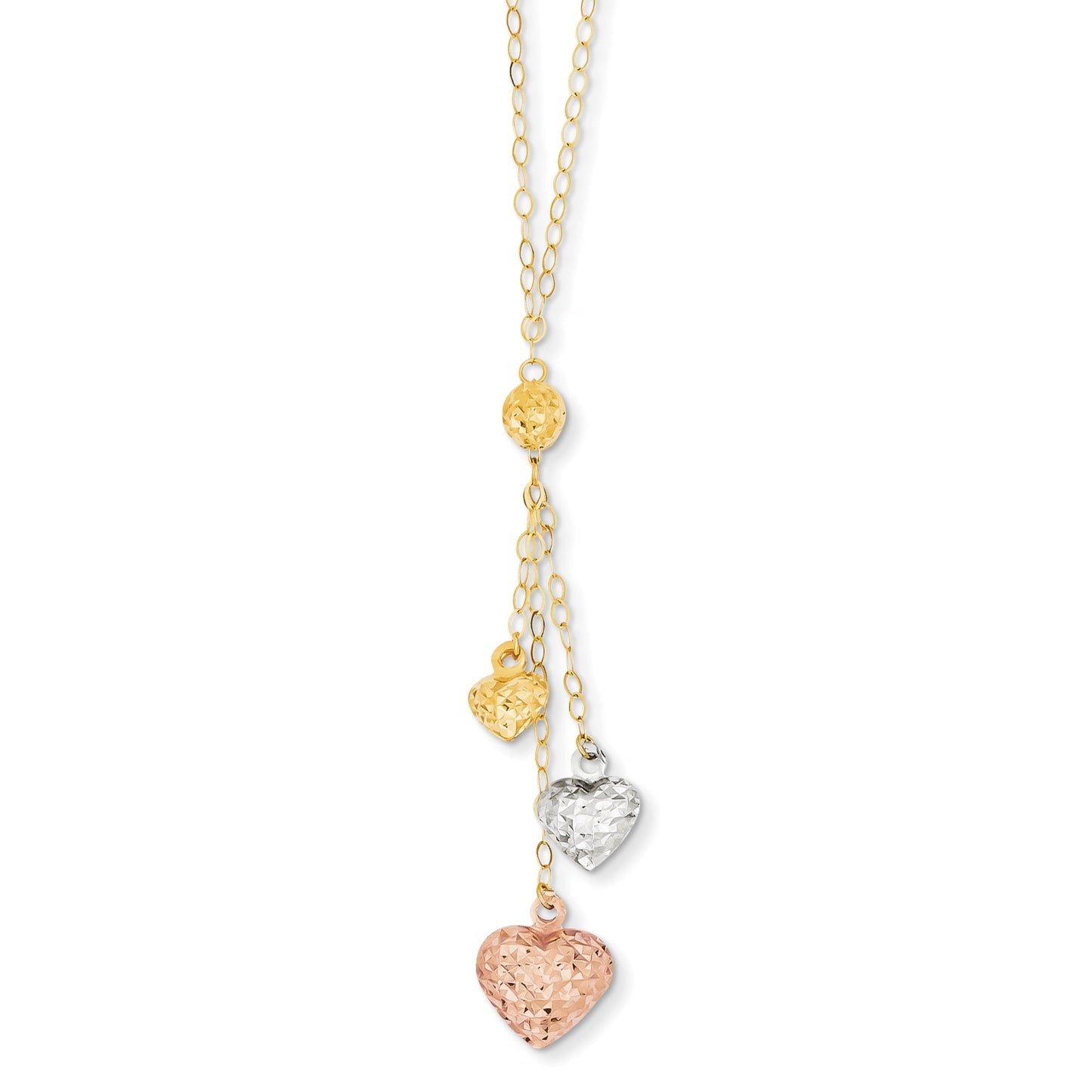 14 Karat Tri-color Puff Heart Lariat with 2 Inch E
