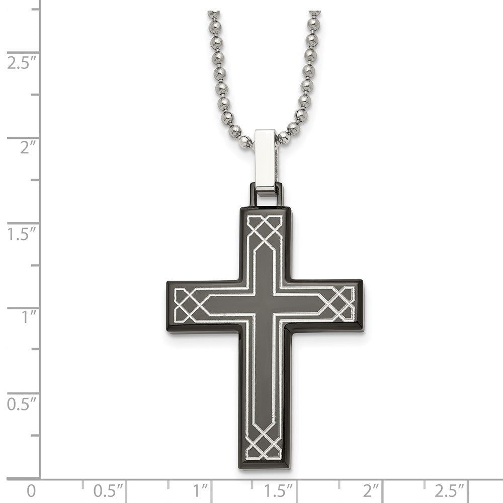 Stainless Steel Polished Laser Etched Black IP-plated Cross 24in Necklace