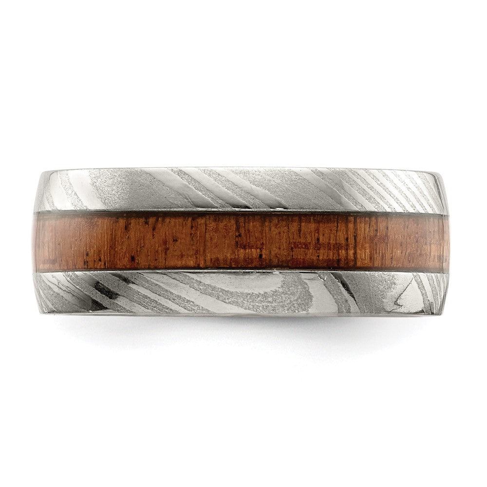 Damascus Steel Polished with Sapele Wood Inlay 8mm Band Size - 11