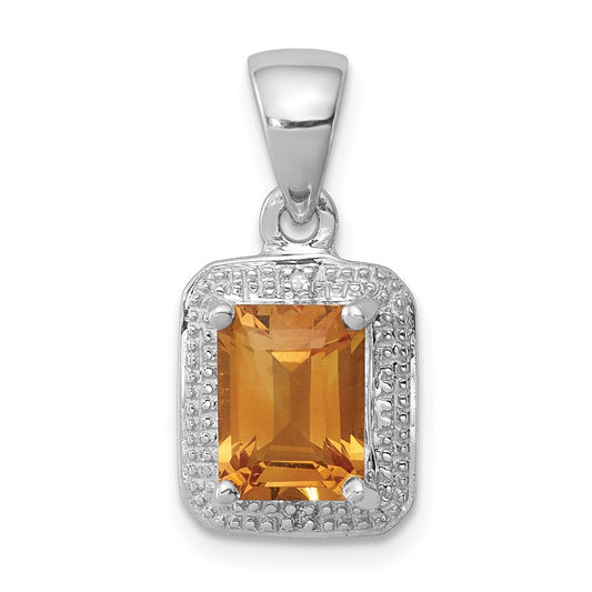 Sterling Silver Rhodium Emerald-cut Citrine & Diamond Pendant