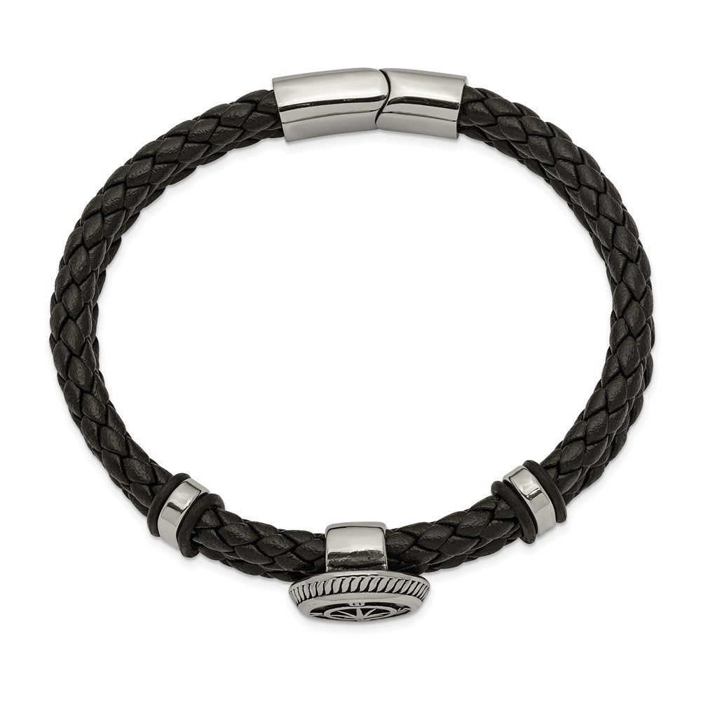 Chisel Stainless Steel Antiqued and Polished Compass Braided Black Leather 8 inch Bracelet 8 inches