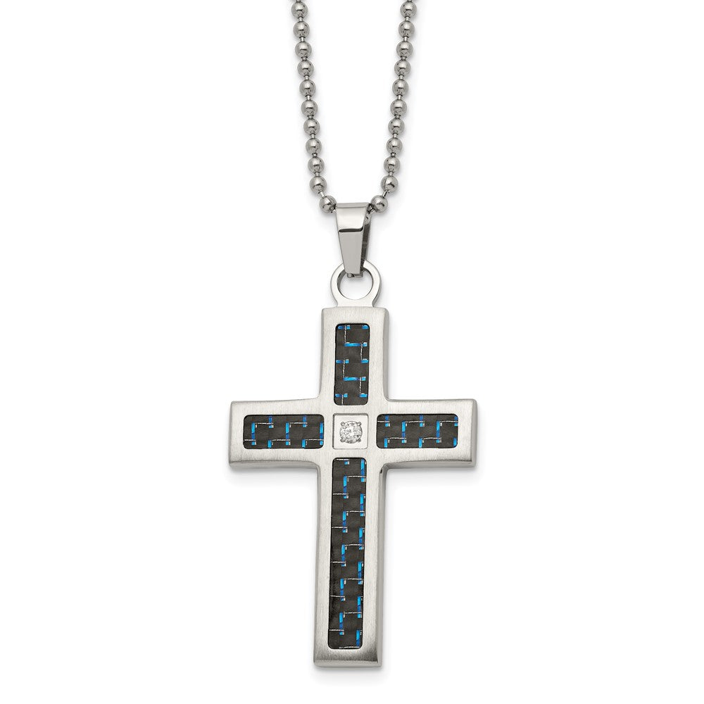 Stainless Steel Brushed/Polished Blk/Blue Carbon Fiber CZ Cross Necklace