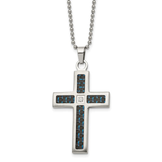 Stainless Steel Brushed/Polished Blk/Blue Carbon Fiber CZ Cross Necklace