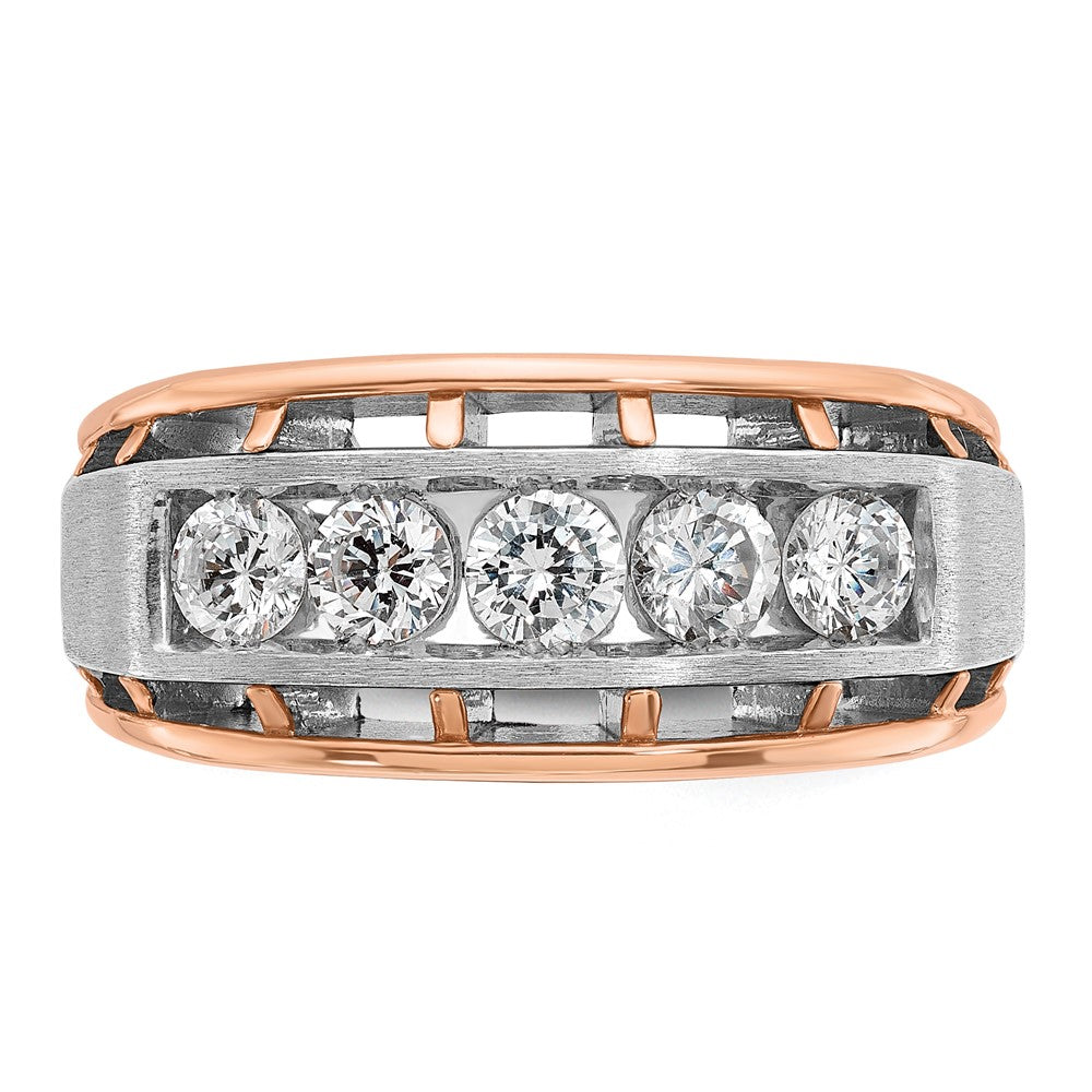 IBGoodman 14k Two Tone Rose and White Gold 1 carat Lab Grown Diamond VS/SI+ G+ Complete Satin Five Stone Cut Out Men's Ring