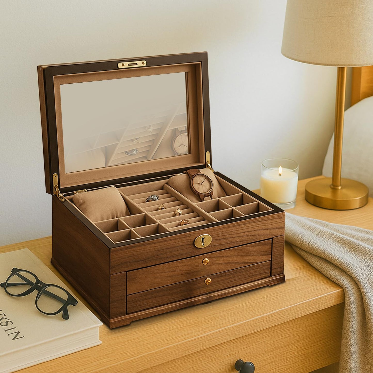 Walnut Lacquered Wood 3 Level Jewelry Box