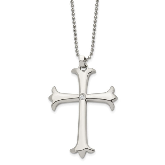 Stainless Steel Polished w/CZ Cross 22in Necklace