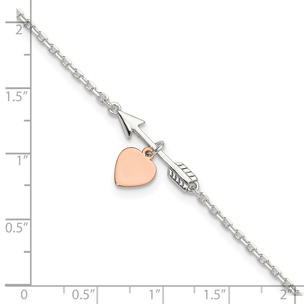 Sterling Silver Arrow with Rose-tone Heart 10in Plus 1 inch Ext Anklet 10 inches