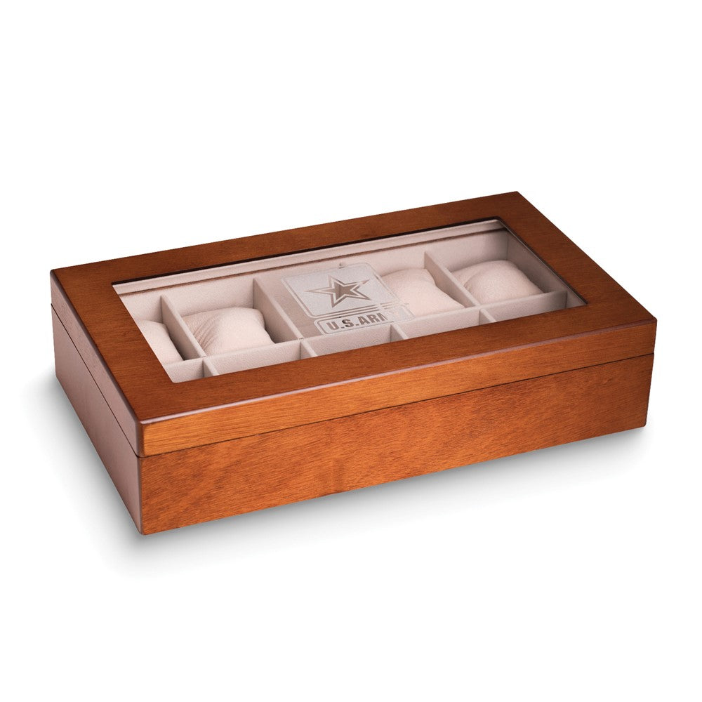 US Army Logo Brown Wooden Glass Top 10 Watch Case with Velour Lining