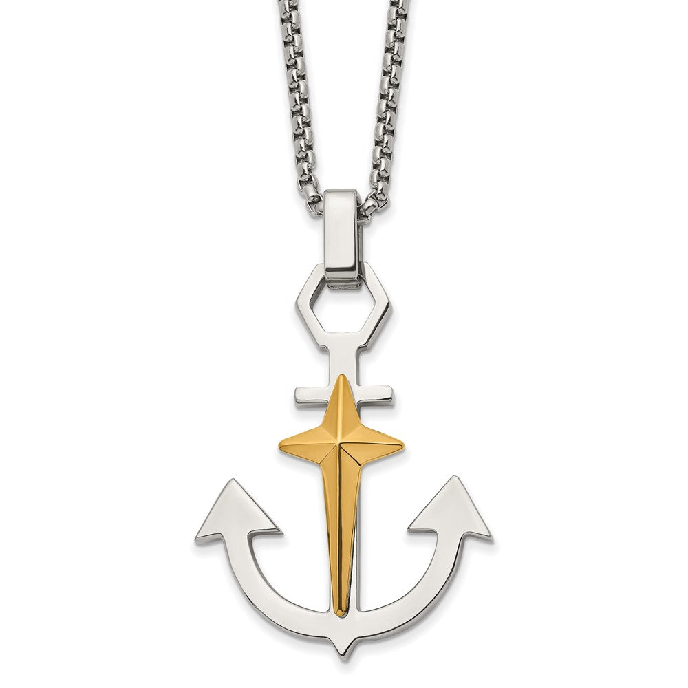 Stainless Steel Polished Yellow IP Anchor & Cross w/2.75in ext Necklace