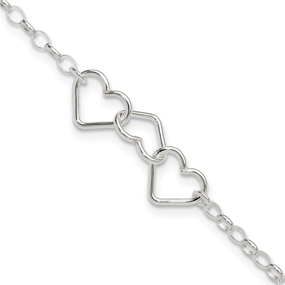 Sterling Silver 8 in Plus 1in Ext Interlocking Hearts Rolo Chain Anklet 9 inches