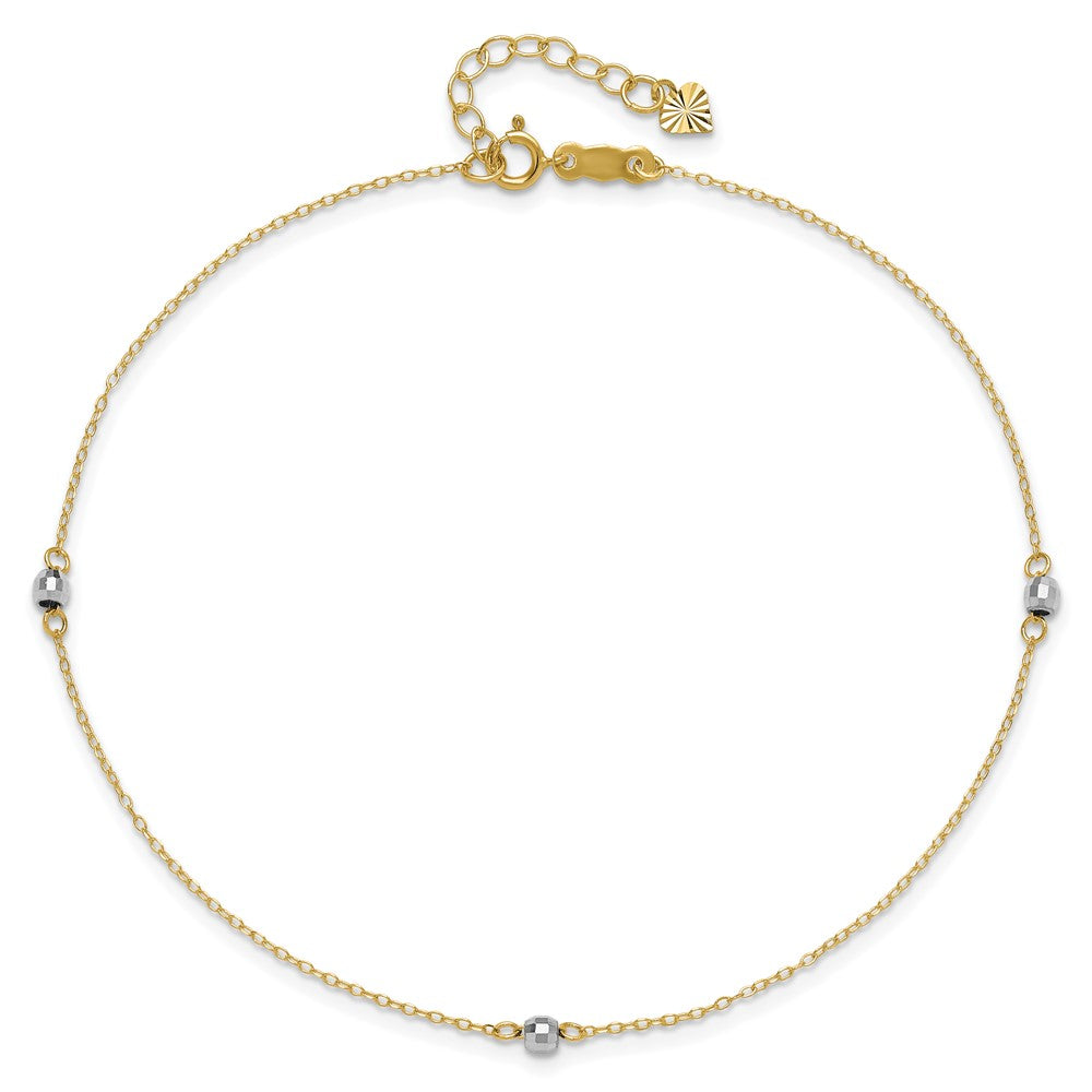 14k Two-tone Mirror Bead 9in Plus 1in ext. Anklet 9 inches