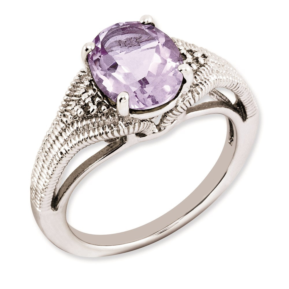 Sterling Silver Rhodium-plated Oval Pink Quartz & Diamond Ring