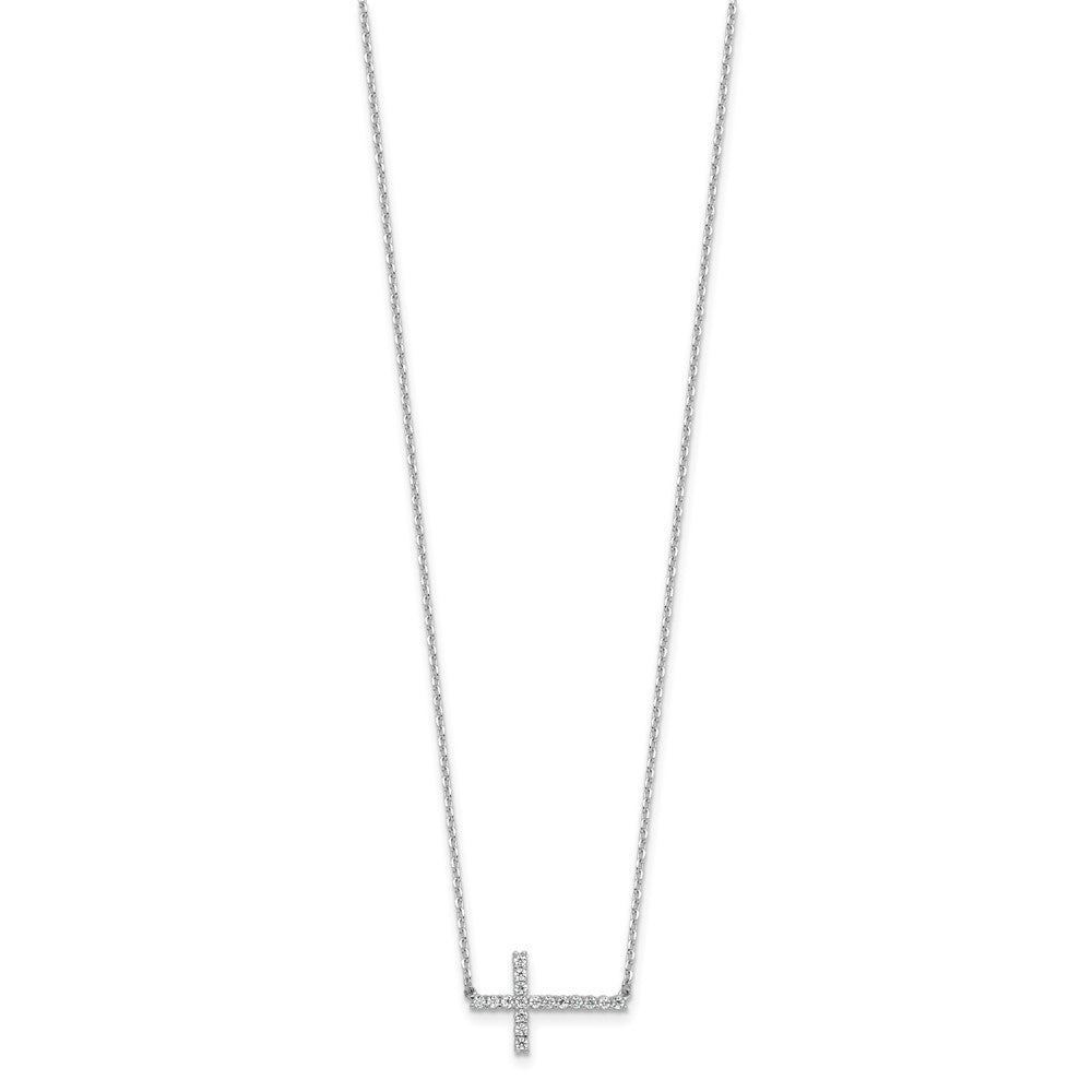 Sterling Shimmer Sterling Silver Rhodium-plated 1.3mm CZ 17 Stone Sideway Cross 16 inch with 2 inch Extension Necklace 16 Inches